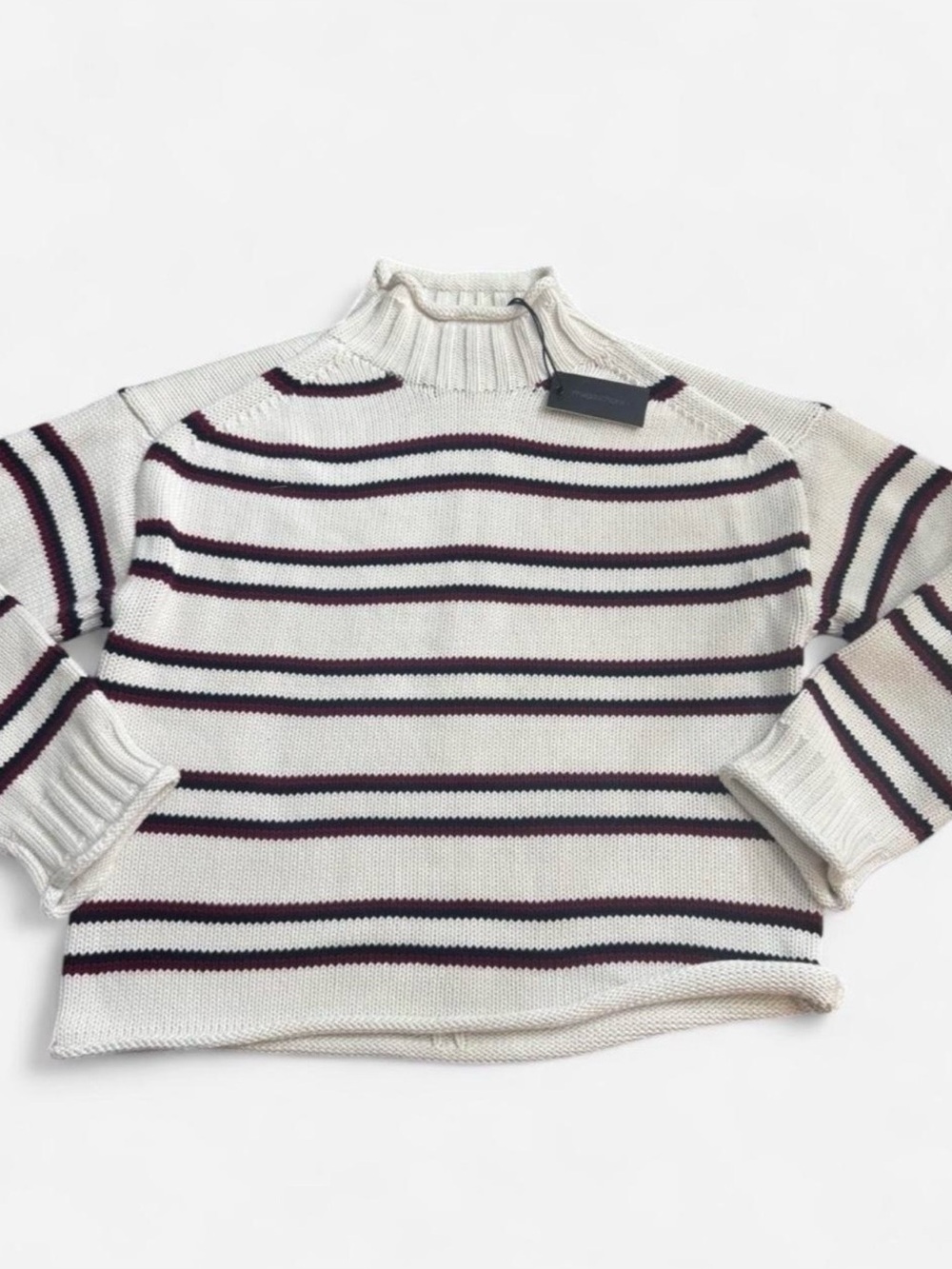 Magaschoni White with Red and Black Stripes Roll Neck Sweater